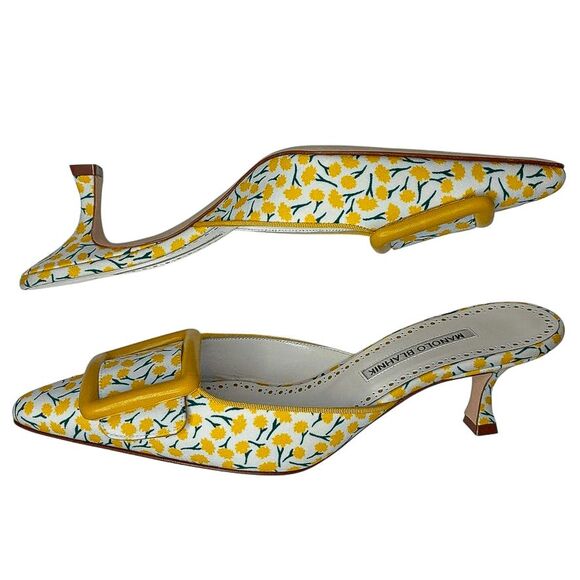 Manolo Blahnik Printed Buckle Mules Maysale EU 38 Floral Cotton Slip On Heels - Picture 5 of 10